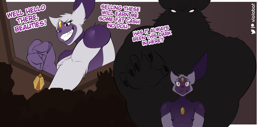 absurd_res amulet anthro bat dialogue duo generation_2_pokemon grin hi_res imminent_sex jewelry male male/male mammal necklace nintendo pink_eyes pokemon pokemon_(species) purple_body shadow silhouette smile sneasel stealing surprised_expression vidale_(viola_bat) viola_bat