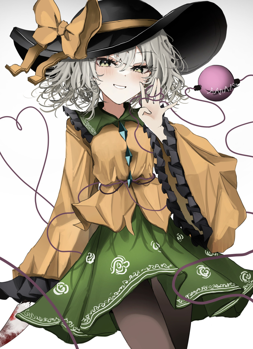 1girl \||/ absurdres arm_at_side black_headwear blood blood_on_knife blush bow buttons commentary cowboy_shot diamond_button eyelashes floral_print frilled_shirt_collar frilled_sleeves frills green_eyes green_skirt grey_hair hair_between_eyes hand_up hat hat_bow heart heart_of_string highres holding holding_knife knife komeiji_koishi looking_at_viewer ougiikun rose_print shirt short_hair simple_background skirt sleeves_past_wrists smile solo third_eye touhou tsurime white_background wide_sleeves yellow_bow yellow_shirt