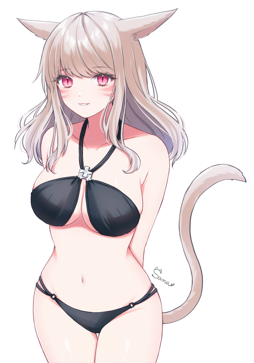 1girl absurdres animal_ears arms_behind_back bare_shoulders bikini black_bikini breasts cat_ears cat_girl cat_tail cleavage commentary facial_mark final_fantasy final_fantasy_xiv highres large_breasts light_brown_hair long_hair miqo'te navel pink_eyes sana_(sanamaru_0w0) signature simple_background smile solo stomach swimsuit tail warrior_of_light_(ff14) whisker_markings white_background