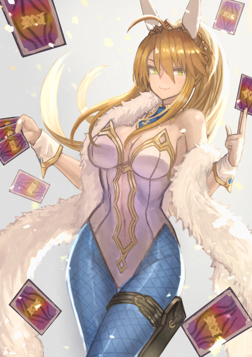 1girl ahoge animal_ears artoria_pendragon_(fate) artoria_pendragon_(swimsuit_ruler)_(fate) bare_shoulders blonde_hair blue_necktie blue_pantyhose braid breasts card cleavage closed_mouth clothing_cutout detached_collar fate/grand_order fate_(series) feather_boa fishnet_pantyhose fishnets french_braid gradient_background green_eyes grey_background hair_between_eyes highleg highleg_leotard highres holster janoukyo19 large_breasts leotard long_hair looking_at_viewer navel navel_cutout necktie pantyhose playboy_bunny playing_card ponytail rabbit_ears sidelocks smile solo thigh_strap thighs tiara white_leotard wrist_cuffs