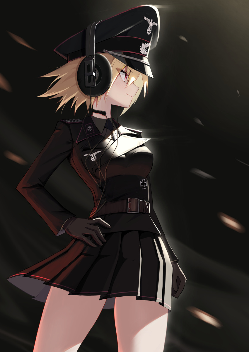 1girl absurdres belt blonde_hair brown_gloves cross epaulettes gloves hand_on_own_hip hat headphones highres iron_cross jiseki_rena military_uniform nazi necktie original peaked_cap red_eyes reichsadler rena_(jiseki_rena) short_hair skirt solo standing throat_microphone totenkopf tsurime uniform white_background wind wind_lift