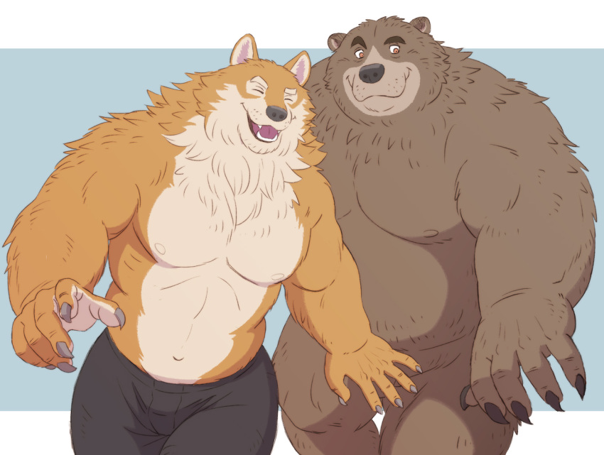 2022 anthro barely_visible_genitalia barely_visible_penis belly black_nose bottomwear brown_body brown_fur canid canine canis clothing domestic_dog duo fur gadoran genitals humanoid_hands kemono male mammal moobs nipples overweight overweight_male pants penis simple_background ursid