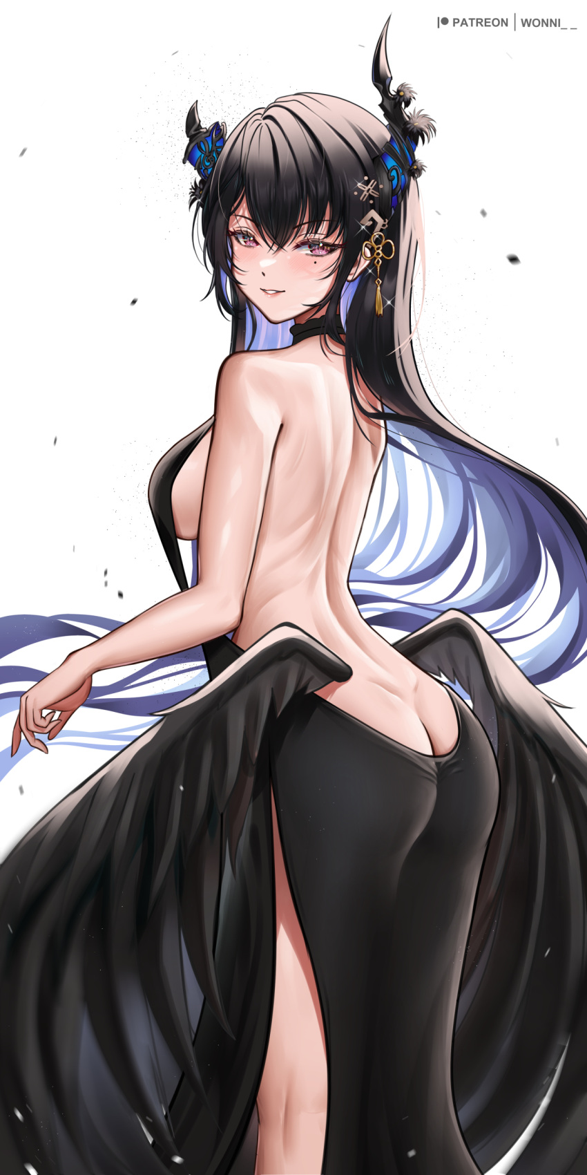 1girl absurdres alternate_costume artist_name ass asymmetrical_horns back black_hair breasts cocktail_glass cup dress drinking_glass evening_gown highres hololive hololive_english horns large_breasts long_hair looking_at_viewer looking_back low_wings mole mole_under_eye nerissa_ravencroft paid_reward_available patreon_logo purple_eyes revealing_clothes simple_background solo wings wonnikon