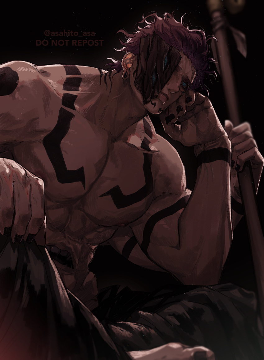 1boy absurdres asahito_asa black_nails blue_eyes closed_mouth extra_arms extra_eyes extra_mouth extra_teeth full-body_tattoo hand_on_own_knee highres indian_style jujutsu_kaisen lips looking_at_viewer looking_up male_focus markings muscular muscular_male nail_polish pink_hair plug_(piercing) ryoumen_sukuna_(jujutsu_kaisen) simple_background sitting solo stomach_mouth tattoo topless_male
