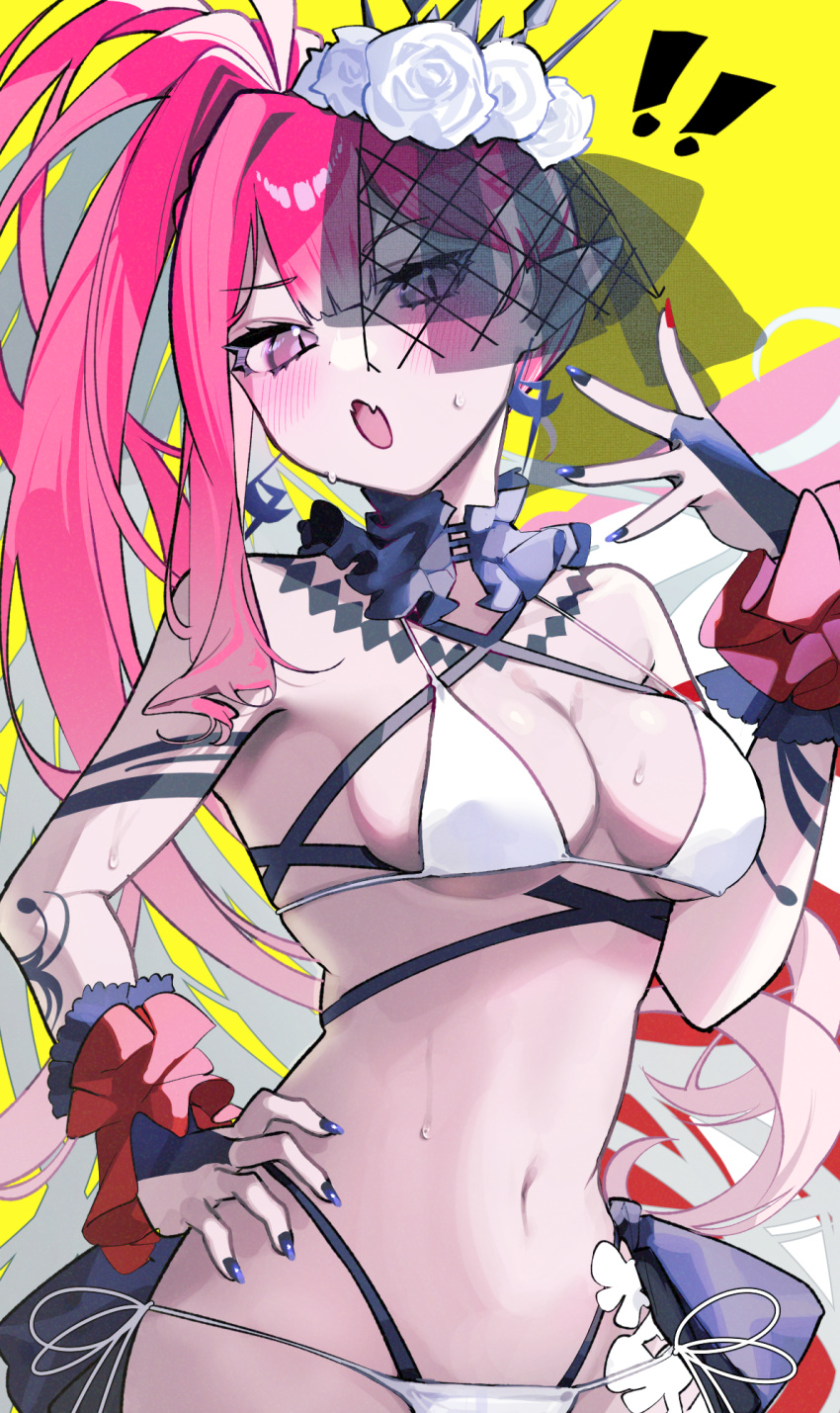 ! !! 1girl :o baobhan_sith_(fate) baobhan_sith_(swimsuit_pretender)_(fate) baobhan_sith_(swimsuit_pretender)_(third_ascension)_(fate) bare_shoulders bikini black_nails blush breasts bridal_gauntlets cleavage detached_collar earrings fang fate/grand_order fate_(series) flower grey_eyes hair_flower hair_ornament hand_on_own_hip hand_up highres jewelry long_hair looking_at_viewer nail_polish navel pink_hair pointy_ears red_nails shine_asahi side_ponytail sidelocks skin_fang solo sweat swimsuit tiara veil white_bikini yellow_background