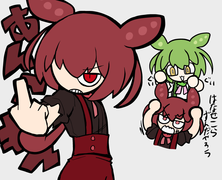 2girls 9chrono0 :3 absurdres anger_vein angry ankomon behind_another black_shirt bright_pupils brooch chibi chibi_inset commentary_request dual_persona glaring grabbing_another's_hair green_hair highres jewelry jitome long_hair looking_at_another low_ponytail middle_finger multiple_girls multiple_views neck_ribbon open_mouth outstretched_arm pink_ribbon red_hair ribbon sanpaku scowl shirt shirt_tucked_in short_sleeves simple_background slit_pupils smile suspenders translation_request v-shaped_eyebrows voicevox white_pupils white_shirt zundamon