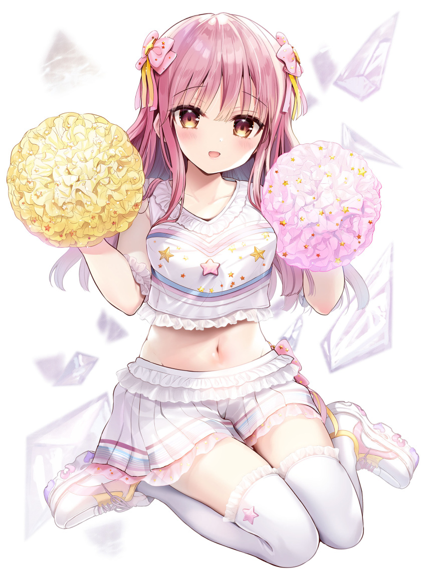1girl :d absurdres bow breasts cheerleader collarbone commentary_request crop_top frilled_shirt frilled_thighhighs frills hair_bow hands_up highres holding long_hair medium_breasts midriff navel original pink_bow pink_hair pleated_skirt pom_pom_(cheerleading) red_eyes shirt shiwasu_horio shoes sitting skirt sleeveless sleeveless_shirt smile solo thighhighs wariza white_background white_footwear white_shirt white_skirt white_thighhighs