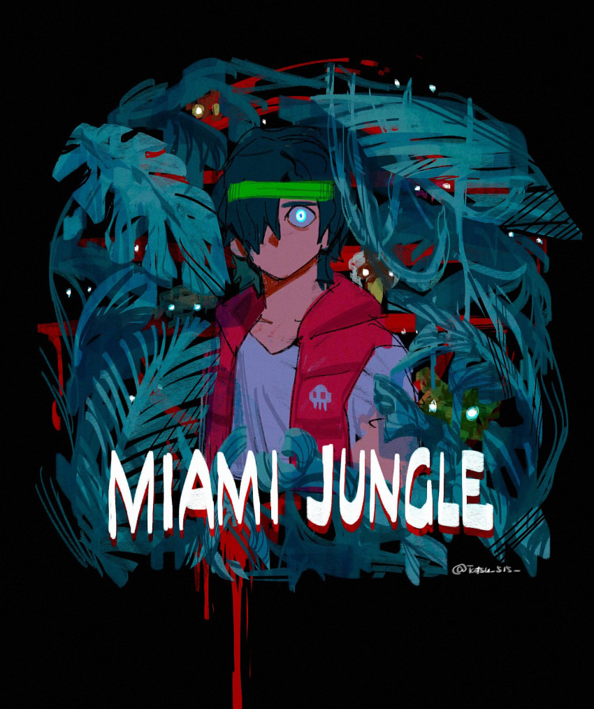 1boy bandana biker_(hotline_miami) black_background blood blue_eyes collarbone english_text glowing glowing_eyes green_hair highres hotline_miami leaf looking_at_viewer male_focus no_mouth richard_(hotline_miami) simple_background sleeveless solo tatsu_(tatsumccree) tony_(hotline_miami) twitter_username