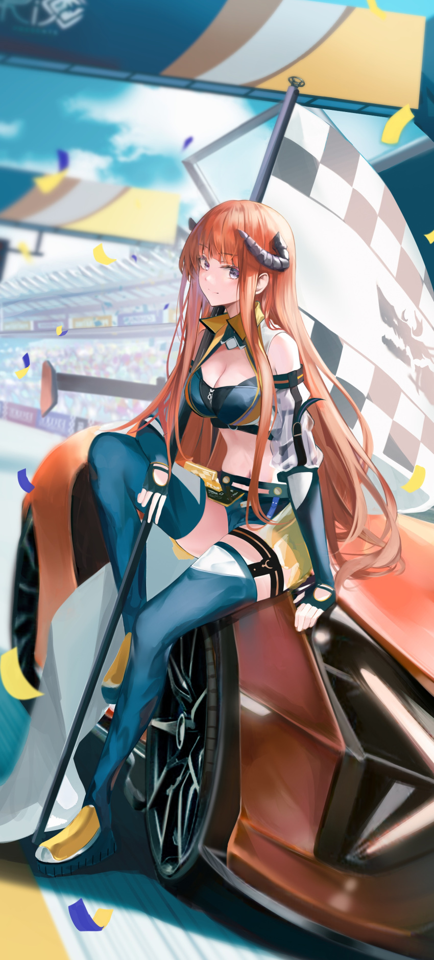 1girl absurdres arknights bagpipe_(arknights) bagpipe_(queen_no._1)_(arknights) blue_footwear blue_shorts blue_sky boots breasts car checkered_flag cleavage cloud commentary confetti crop_top crowd dragon_horns flag highres holding holding_flag horns light_smile long_hair looking_at_viewer motor_vehicle official_alternate_costume orange_hair purple_eyes race_queen road shorts sidelocks sion_(im10042m) sky smile solo_focus stomach thigh_boots very_long_hair