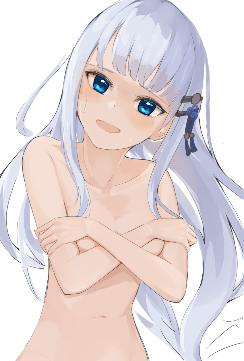 1girl absurdres blue_eyes breasts completely_nude covered_nipples hair_ornament harada_(typeharada) highres idolmaster idolmaster_million_live! long_hair looking_at_viewer nude open_mouth shiraishi_tsumugi simple_background small_breasts solo sweatdrop white_background white_hair