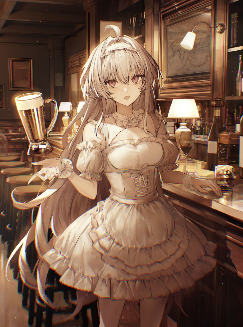 1girl absurdres ahoge alcohol bar_(place) bare_shoulders beer beer_mug breasts cleavage_cutout clothing_cutout corset cup dirndl dress fate/grand_order fate_(series) frilled_hairband frills german_clothes hairband highres lady_avalon_(event_portrait)_(fate) lady_avalon_(fate) lamp long_hair looking_at_viewer medium_breasts merlin_(fate/prototype) mug open_mouth pink_eyes scrunchie smile solo stool tamitami thighhighs thighs very_long_hair white_dress white_hair white_thighhighs wrist_scrunchie