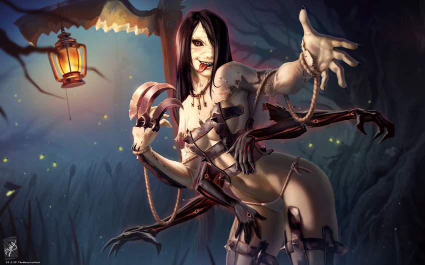 1girl black_hair black_nails black_sclera bra capelet colored_sclera extra_arms extra_eyes fiddlesticks genderswap genderswap_(mtf) grass hair_over_one_eye highres lamp league_of_legends leaning_forward long_hair long_tongue nail_polish navel night outdoors panties pasties personification red_eyes rope scythe sharp_teeth teeth themaestronoob tongue tongue_out torn_clothes tree underwear white_bra white_capelet white_panties