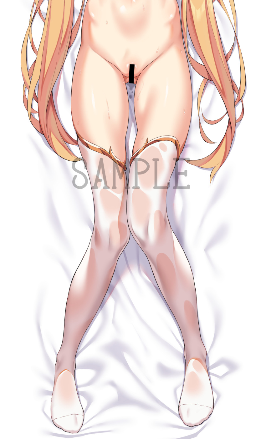 bar_censor bed_sheet blonde_hair censored cropped dakimakura_(medium) elf highres kink_(tortoiseshell) lolibaba original pointy_ears pussy_juice sample_watermark simple_background sweat thighhighs towako_(akane_shinsha) twintails watermark white_thighhighs