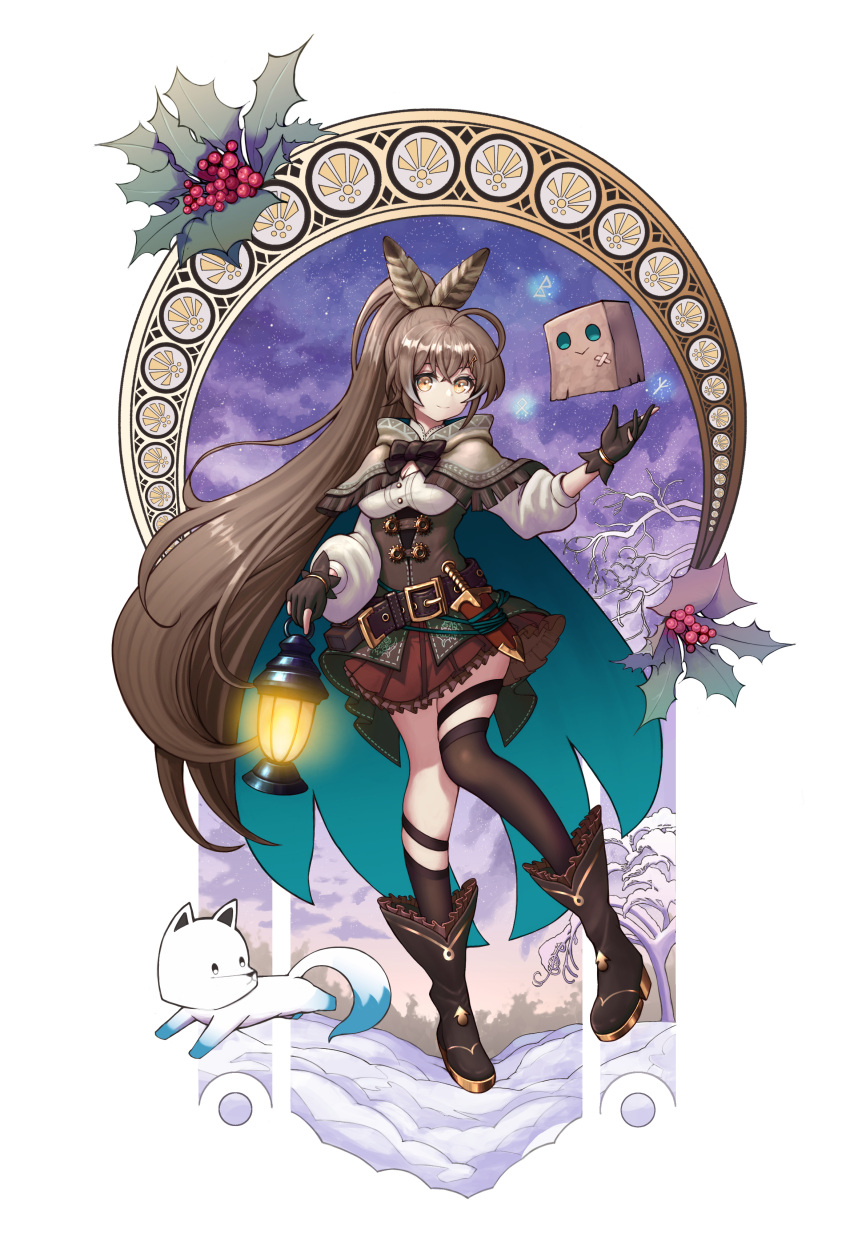 1girl absurdres ahoge asymmetrical_legwear bangs belt berry boots brown_capelet brown_cloak brown_corset brown_eyes brown_hair cape capelet cloak cloud cloudy_sky corset dagger feather_hair_ornament feathers forest fox friend_(nanashi_mumei) gloves hair_ornament hieroglyphics highres hololive hololive_english knee_strap kneehighs knife lantern long_hair nanashi_mumei nature partially_fingerless_gloves ponytail realapple red_skirt ribbon runes shirt single_kneehigh single_thighhigh skirt sky smile snow stained_glass star_(sky) starry_sky sunrise thigh_strap thighhighs tree very_long_hair virtual_youtuber weapon white_shirt
