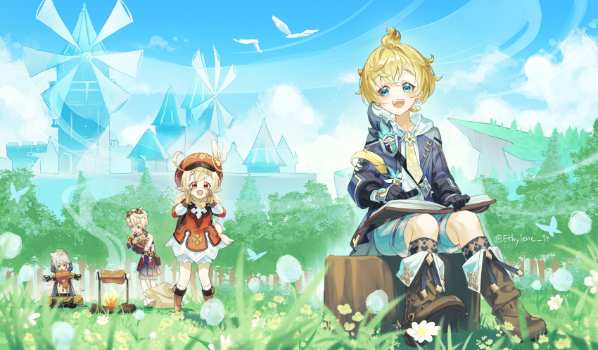 1girl 3boys :d :o ahoge antenna_hair arm_guards artist_name backpack bag bandaid bandaid_on_face bandaid_on_nose bennett_(genshin_impact) bird black_coat black_gloves black_socks blonde_hair bloomers blue_eyes blue_jacket blue_shorts blue_sky blurry blurry_foreground blush boned_meat book book_on_lap boots brown_bag brown_footwear brown_gloves bug building butterfly cabbie_hat campfire cliff cloud cloudy_sky clover_print coat collared_shirt commentary dandelion day dodoco_(genshin_impact) dress eating english_commentary ethylene_ty eyelashes fire firewood flower fold-over_boots food forest genshin_impact gloves glowing_butterfly goggles goggles_on_head grass green_eyes green_pants grey_hair hair_between_eyes hands_up hat hat_feather highres holding holding_food holding_quill hood hood_down hood_up hooded_coat hoodie jacket klee_(genshin_impact) lapels long_hair long_sleeves looking_at_another looking_back looking_down low_twintails meat medium_hair mika_(genshin_impact) mountain multiple_boys nature necktie on_grass open_book open_clothes open_coat open_jacket open_mouth outdoors pants pocket pointy_ears pom_pom_(clothes) quill razor_(genshin_impact) red_coat red_eyes red_headwear shirt short_hair shorts shouting sidelocks sitting_on_tree_stump sky sleeveless sleeveless_coat sleeveless_shirt smile smoke socks teeth tree tree_stump twintails twitter_username upper_teeth_only v-shaped_eyebrows vision_(genshin_impact) white_bloomers white_dress white_flower white_hair white_hoodie white_shorts white_socks wind windmill yellow_flower yellow_necktie