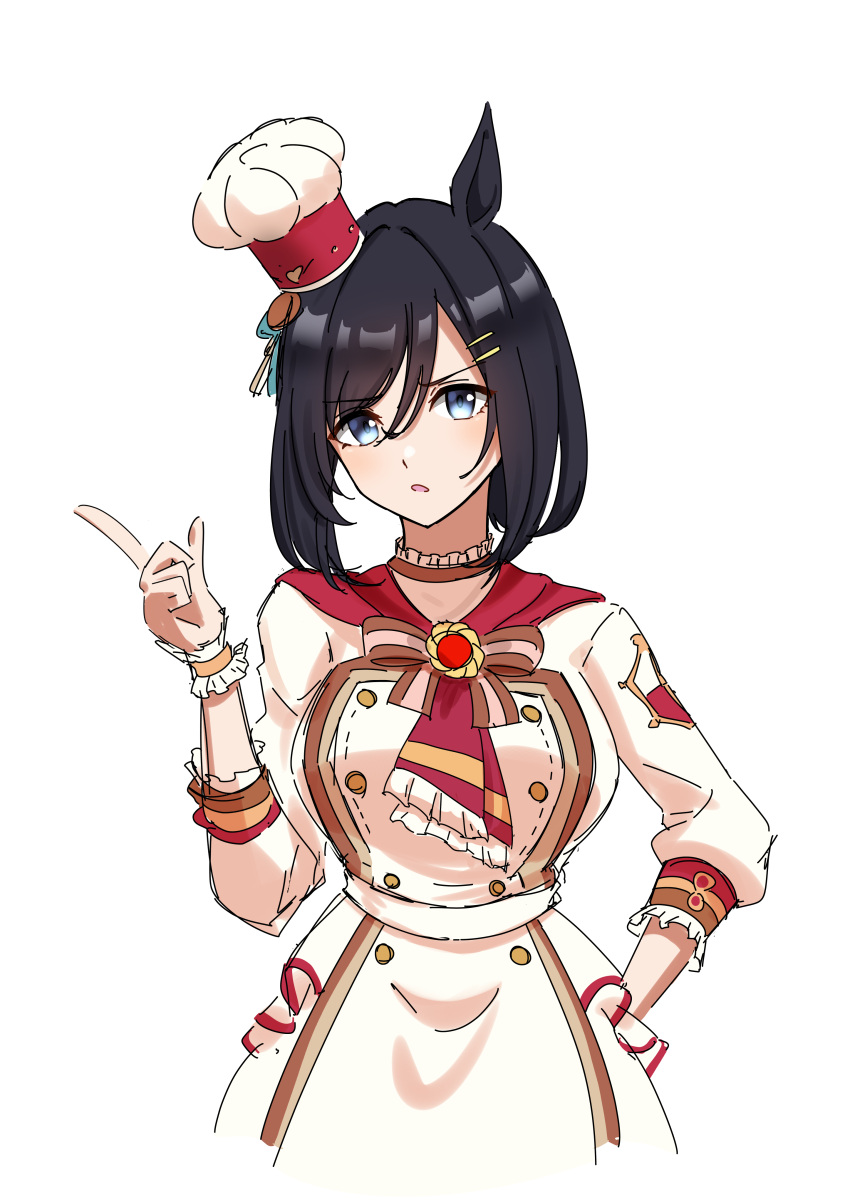 1girl absurdres animal_ears black_hair blue_eyes bob_cut buttons double-breasted dress eishin_flash_(collect_chocolatier)_(umamusume) eishin_flash_(umamusume) food-themed_brooch frilled_cuffs hair_between_eyes highres horse_ears horse_girl index_finger_raised looking_at_viewer mini_chef_hat neckerchief official_alternate_costume red_neckerchief senchan_7 short_hair simple_background sleeves_past_elbows solo swept_bangs tilted_headwear umamusume white_background white_dress white_headwear