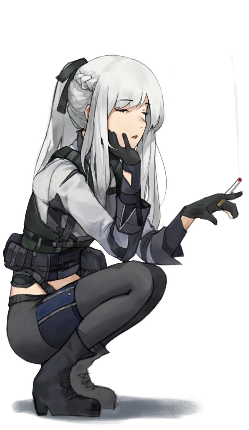 absurdres ak-12_(girls'_frontline) black_gloves boots braid cigarette closed_mouth coteri french_braid full_body girls'_frontline gloves grey_hair hair_ribbon head_rest highres holding holding_cigarette long_hair pants partially_fingerless_gloves ponytail ribbon smoking squatting white_background