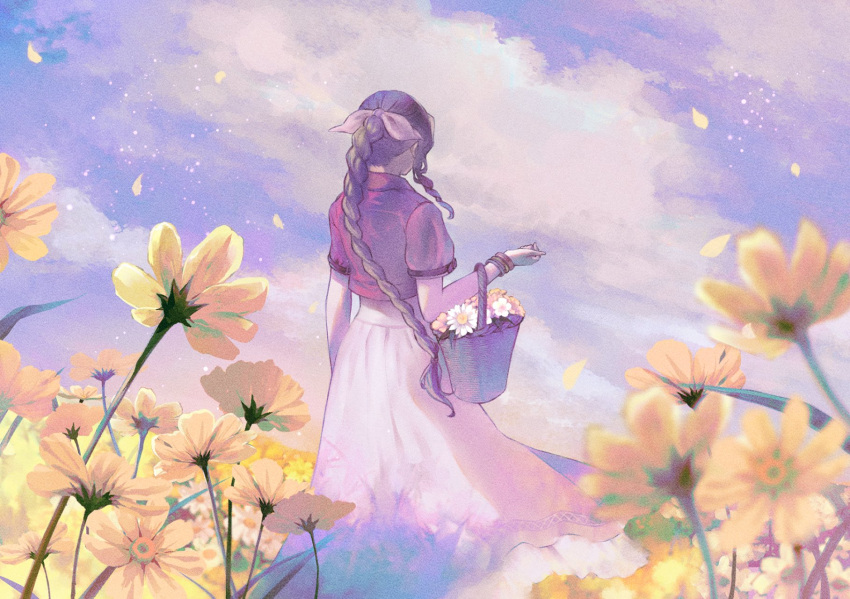 1girl aerith_gainsborough blue_sky bracelet braid braided_ponytail brown_hair cloud cloudy_sky commentary_request cropped_jacket dress final_fantasy final_fantasy_vii final_fantasy_vii_remake flower flower_basket from_behind hair_ribbon highres jacket jewelry long_dress long_hair outdoors petals pink_dress pink_ribbon quichi_91 red_jacket ribbon sky