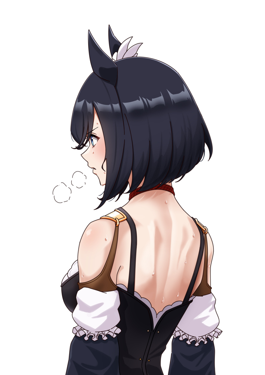 1girl absurdres animal_ears bare_shoulders black_choker black_dress black_hair blue_eyes blush choker commentary_request detached_sleeves dirndl dress ear_ornament eishin_flash_(umamusume) from_behind german_clothes highres horse_ears horse_girl long_sleeves parted_lips senchan_7 short_hair simple_background solo sweat umamusume upper_body visible_air white_background