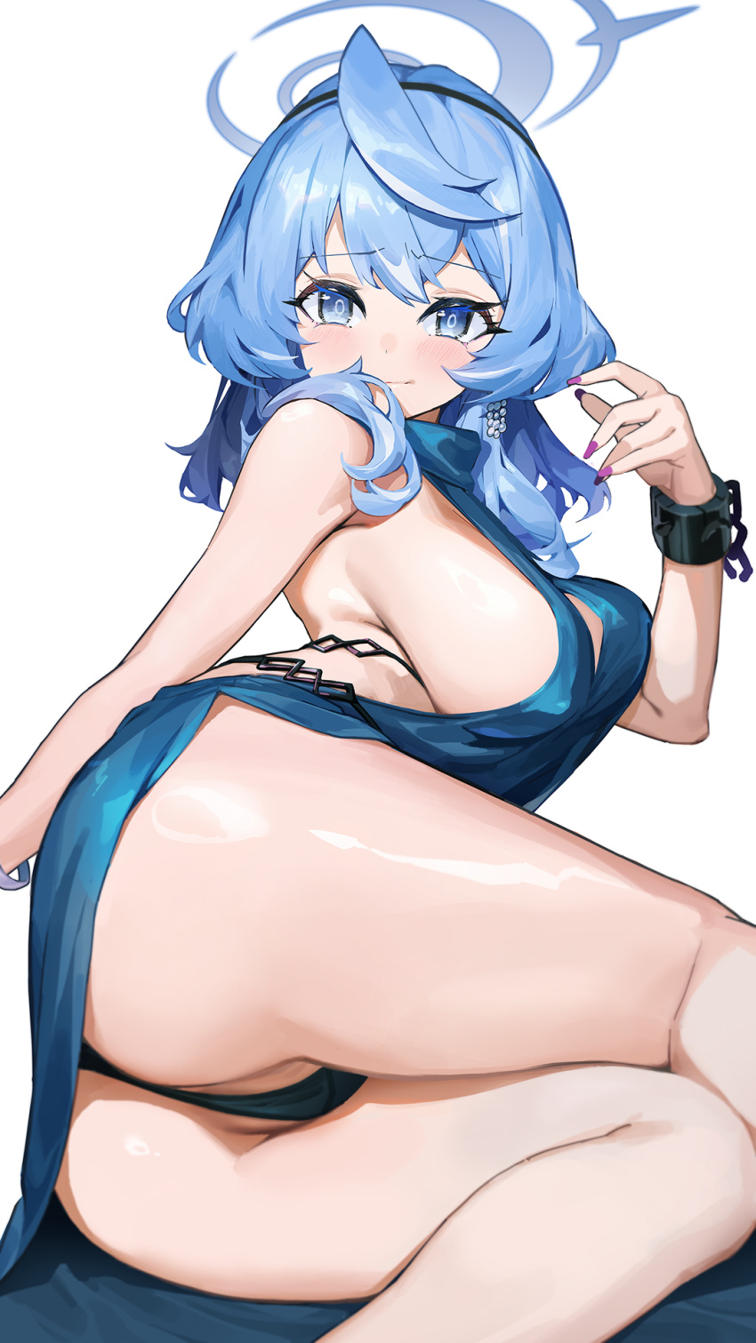 1girl ako_(blue_archive) ako_(dress)_(blue_archive) ass backless_dress backless_outfit bare_shoulders blue_archive blue_dress blue_eyes blue_hair blush bracelet breasts cameltoe chain cuffs dress earrings hair_between_eyes hairband halo highres jewelry large_breasts looking_at_viewer lying medium_hair nox13 on_side shackles sideboob solo