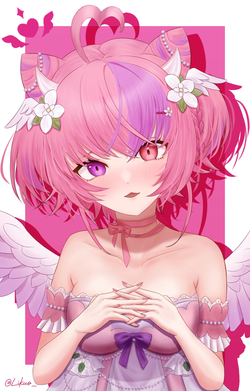 1girl ahoge bare_shoulders bow breasts collarbone cone_hair_bun dress feathered_wings flower hair_bun head_wings heart heart_ahoge heterochromia highres ironmouse ironmouse_(fallen_angel) likuo multicolored_hair neck_ribbon parted_lips pink_eyes pink_hair pink_nails pink_ribbon purple_bow purple_eyes purple_hair ribbon short_hair solo strapless strapless_dress twitter_username two-tone_hair virtual_youtuber vshojo white_flower white_wings wings