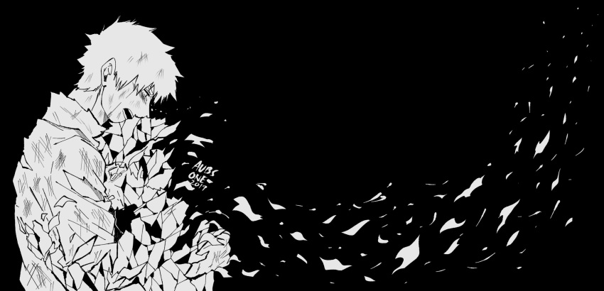 artist_name aubs broken commentary crying dissolving english_commentary from_side greyscale highres hug kageyama_shigeo long_sleeves looking_at_another looking_down mob_psycho_100 monochrome open_mouth profile reigen_arataka sad shards shirt short_hair simple_background torn_clothes torn_shirt upper_body