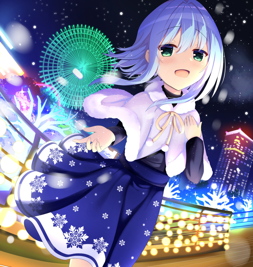 1girl :d absurdres blue_hair blue_skirt blurry blush capelet cityscape commentary_request depth_of_field feet_out_of_frame ferris_wheel floating_hair fur-trimmed_capelet fur_trim green_eyes hair_between_eyes hair_intakes hamidashi_creative hand_up happy high-waist_skirt highres light_blue_hair looking_at_viewer medium_hair nanatsu_(na_na_tsu) night nishiki_asumi open_mouth outdoors pom_pom_(clothes) reaching reaching_towards_viewer ribbon skirt smile snowflake_print snowing solo sparkle standing white_capelet yellow_ribbon