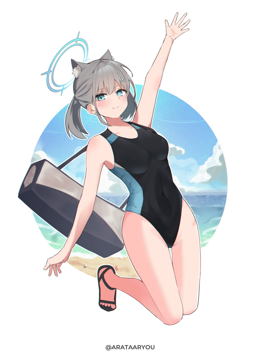 1girl absurdres animal_ear_fluff animal_ears arata_ryou bag black_one-piece_swimsuit blue_archive blue_eyes blue_sky breasts cloud competition_swimsuit covered_navel cross_hair_ornament extra_ears full_body grey_hair hair_ornament halo highres horizon low_ponytail medium_breasts medium_hair mismatched_pupils multicolored_clothes multicolored_swimsuit ocean official_alternate_costume one-piece_swimsuit sandals shiroko_(blue_archive) shiroko_(swimsuit)_(blue_archive) sky smile solo swimsuit wolf_ears