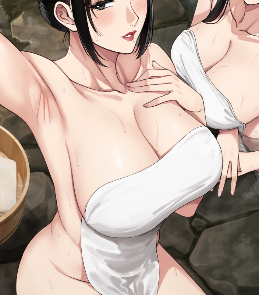2girls arm_up armpits black_eyes black_hair blush breasts cleavage collarbone commentary covering_privates hand_on_own_chest highres large_breasts lips long_hair looking_at_viewer mature_female mole mole_under_mouth mother_and_daughter multiple_girls naye_(xter) nude nude_cover nush_(xter) onsen original parted_lips selfie short_hair sidelocks sitting solo_focus steam teeth water wet white_towel xter
