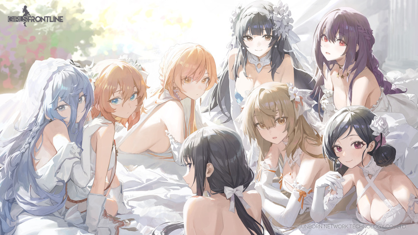 6+girls black_hair blonde_hair blue_hair breasts bridal_veil brown_hair cleavage copyright_name dress girls'_frontline gloves highres large_breasts m37_(a_long_vacation_with_ithaca)_(girls'_frontline) m37_(girls'_frontline) modare multiple_girls official_alternate_costume official_art ots-14_(destined_love)_(girls'_frontline) ots-14_(girls'_frontline) purple_hair sideboob type_64_(girls'_frontline) type_81_carbine_(girls'_frontline) type_95_(girls'_frontline) type_95_(prairie_gentian_and_her_season)_(girls'_frontline) veil webley_(before_sunset)_(girls'_frontline) webley_(girls'_frontline) wedding_dress xm8_(girls'_frontline) xm8_(the_rose_chess_player's_confession)_(girls'_frontline) zb-26_(girls'_frontline) zb-26_(the_1000th_paper_crane)_(girls'_frontline)