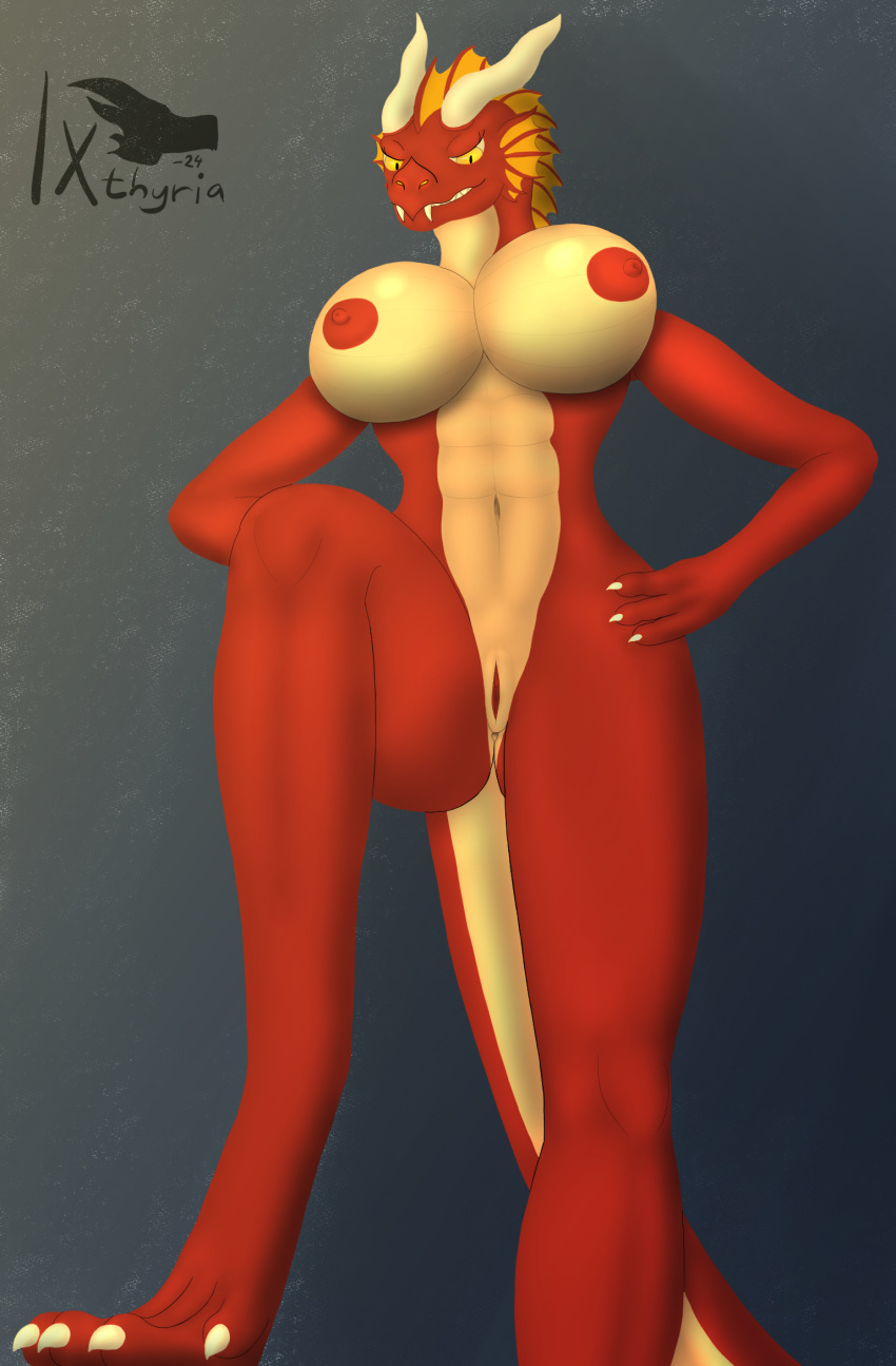 anthro athletic athletic_female big_breasts breasts dragon female genitals hi_res huge_breasts ixthyria kindle_(ixthyria) looking_at_viewer low-angle_view nipples nude pussy red_body red_scales scales solo stepped_on