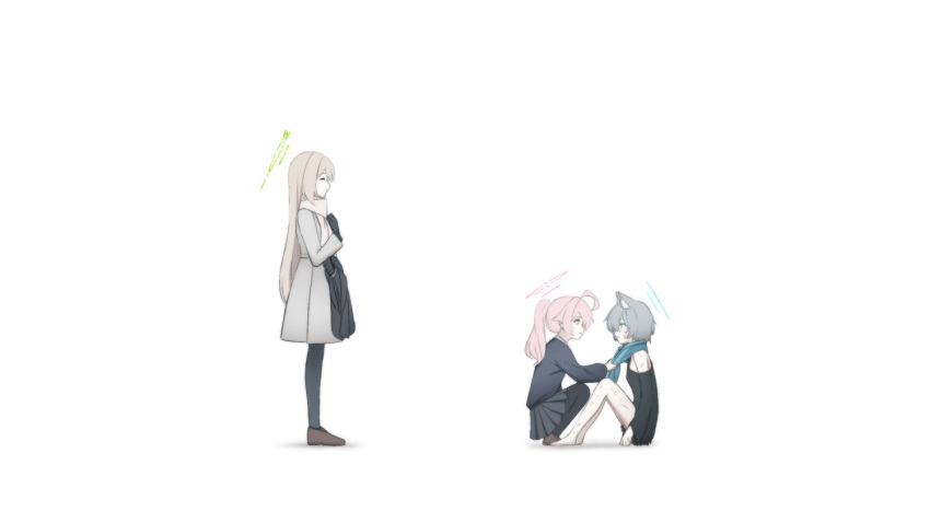 3girls blue_archive blue_scarf dirty dressing_another from_side grey_hair halo hoshino_(blue_archive) hoshino_(young)_(blue_archive) junu_(jwoo5627) multiple_girls negative_space nonomi_(blue_archive) pink_hair profile scarf school_uniform shiroko_(blue_archive) shiroko_(young)_(blue_archive) simple_background squatting white_background