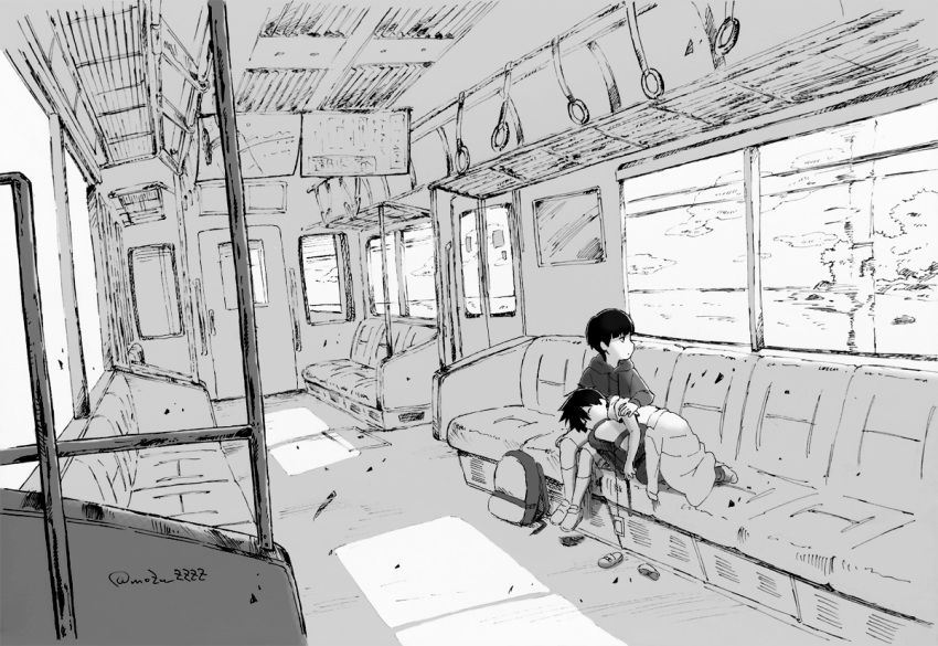 2boys aged_down backpack bag brothers child eokonuzu greyscale hand_grip hood hoodie jacket kageyama_ritsu kageyama_shigeo lap_pillow long_sleeves lying male_focus mob_psycho_100 monochrome motion_blur multiple_boys on_bench on_side pants short_hair shorts siblings sleeping train_interior unworn_backpack unworn_bag unworn_jacket window window_shade