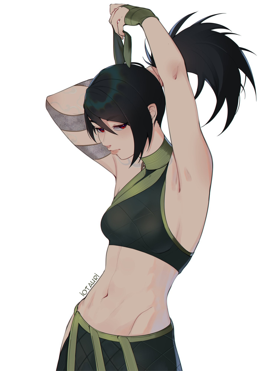 1girl akali armpits arms_up artist_name black_hair closed_mouth crop_top green_skirt highres league_of_legends long_hair navel red_eyes simple_background skirt solo stomach tauri_(iotauri) tying_hair white_background
