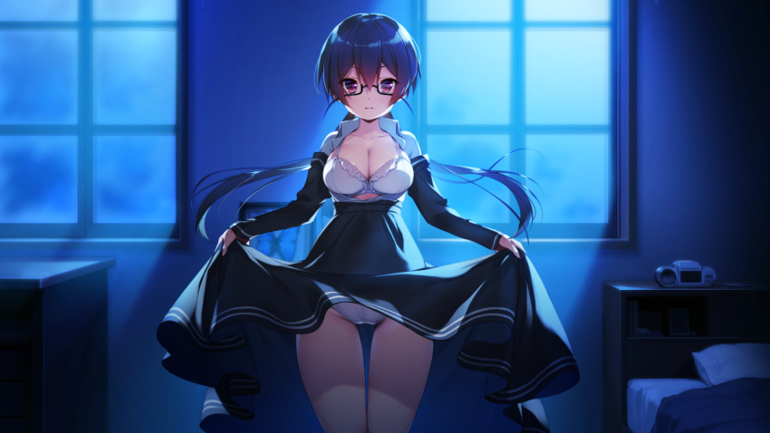 1girl bangs bedroom black-framed_eyewear black_hair black_skirt blush bra breasts brown_eyes butterfly_seeker cleavage closed_mouth clothes_lift collarbone collared_shirt cowboy_shot dress_shirt floating_hair game_cg glasses hair_between_eyes hatori_piyoko high-waist_skirt himuro_chitose indoors large_breasts lifted_by_self long_hair long_skirt long_sleeves looking_at_viewer low_twintails open_clothes open_shirt panties shiny shiny_hair shirt skirt skirt_lift solo standing twintails underwear very_long_hair white_bra white_panties white_shirt wing_collar