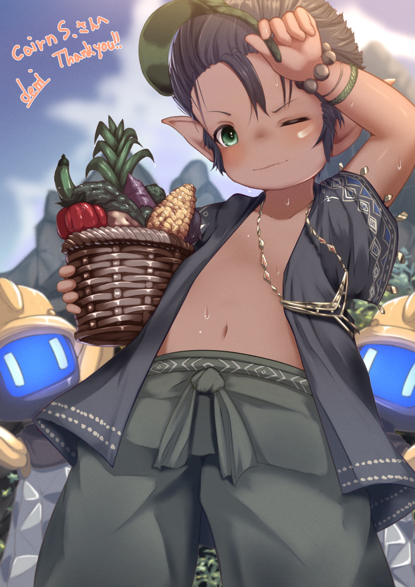 1boy ;) arm_up basket black_hair black_jacket blue_sky blurry blurry_background closed_mouth cloud cloudy_sky collarbone commentary_request commission corn cucumber dark-skinned_male dark_skin day demimushi depth_of_field final_fantasy final_fantasy_xiv food_request green_eyes grey_pants highres holding holding_basket jacket lalafell looking_at_viewer male_focus navel one_eye_closed open_clothes open_jacket outdoors pants pointy_ears short_sleeves signature skeb_commission sky smile solo sweat thank_you