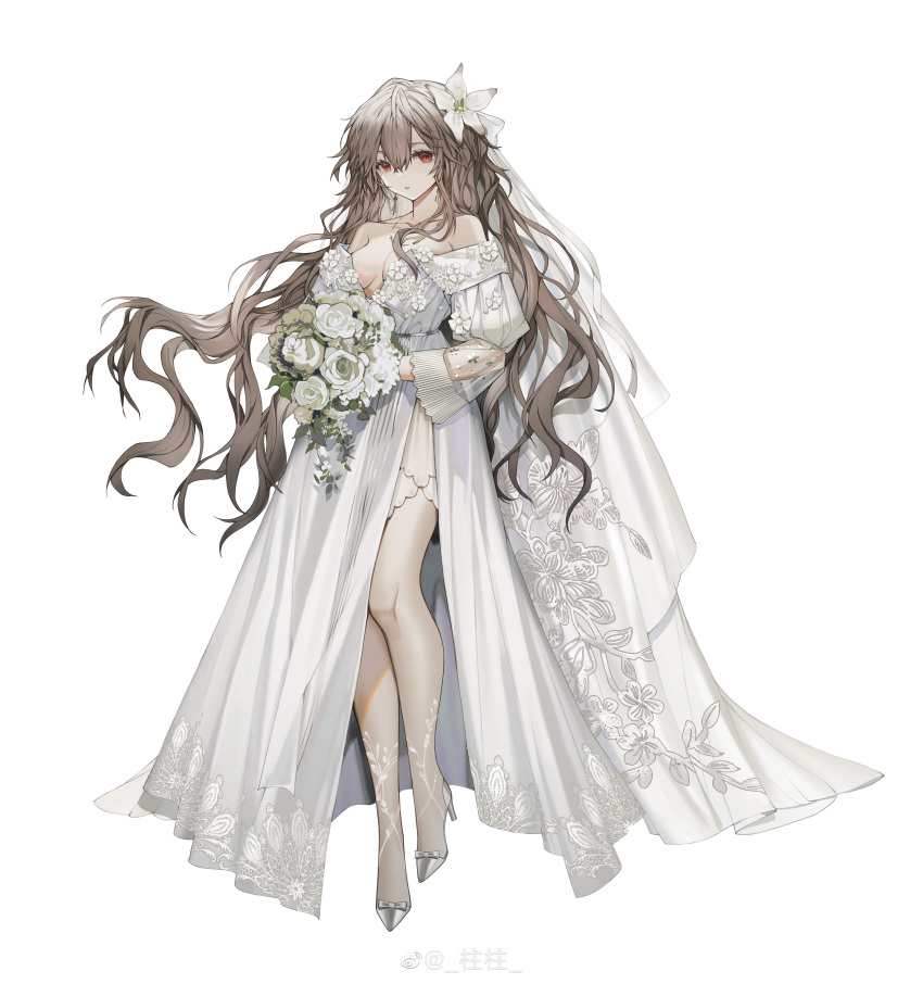 1girl absurdres bouquet breasts bridal_veil brown_hair chinese_commentary cleavage closed_mouth collarbone commentary_request dress flower full_body girls'_frontline grey_footwear hair_between_eyes hair_flower hair_ornament high_heels highres holding holding_bouquet long_hair looking_at_viewer medium_breasts mole mole_under_eye off-shoulder_dress off_shoulder red_eyes simple_background solo sp9_(girls'_frontline) standing strapless strapless_dress veil very_long_hair wedding_dress weibo_username white_background white_dress white_flower youamo