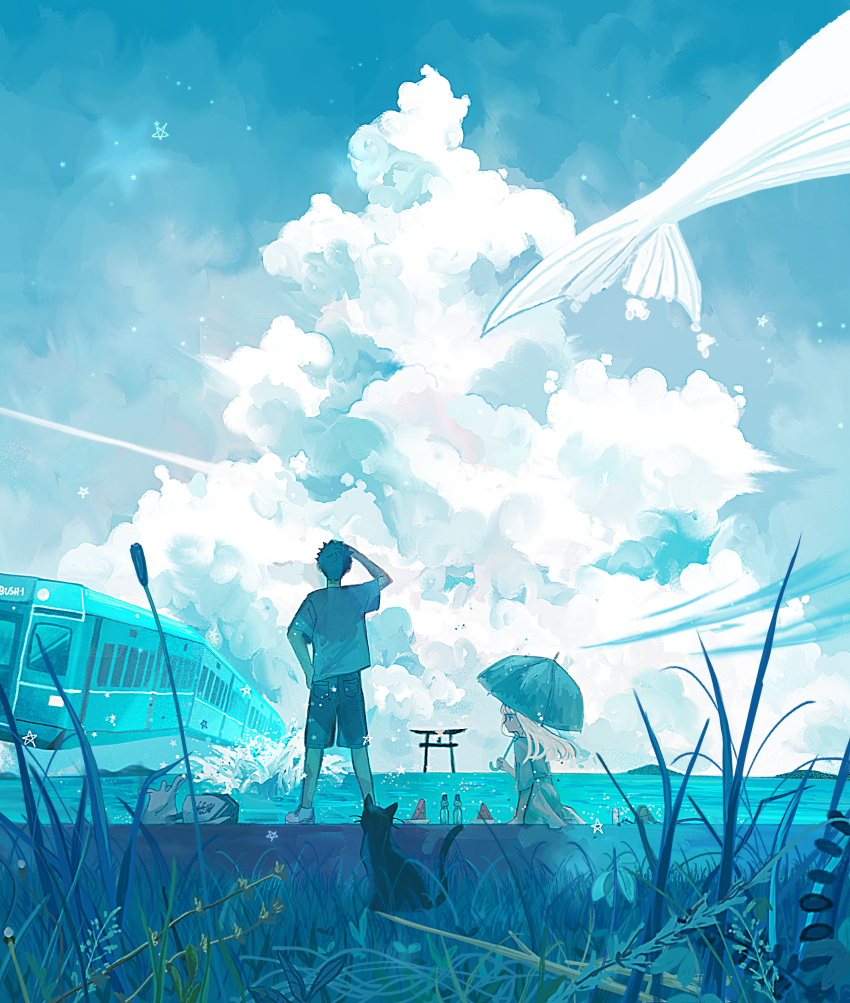 1boy 1girl absurdres black_cat black_hair black_shorts blonde_hair blue_dress blue_shirt blue_sky blue_theme cat cloud commentary cumulonimbus_cloud day dress facing_away flying_whale from_behind grass highres holding holding_umbrella horizon ivelovedsekaowa long_hair ocean original outdoors scenery shading_eyes shirt short_hair short_sleeves shorts sitting sky standing surreal t-shirt torii train umbrella water whale white_footwear wide_shot