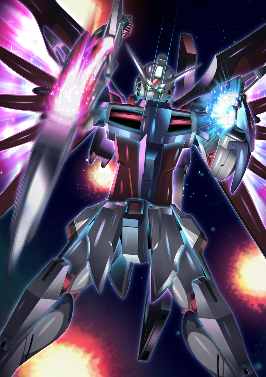 commentary destiny_gundam_spec_ii energy_sword energy_wings explosion glowing glowing_eyes glowing_hand green_eyes gundam gundam_seed gundam_seed_freedom highres holding holding_sword holding_weapon looking_at_viewer mate_(oktavia1121) mecha mobile_suit no_humans robot solo sword upper_body v-fin weapon