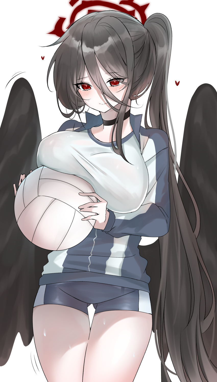 1girl absurdres ass_visible_through_thighs ball black_choker black_hair black_wings blue_archive blush breasts choker commentary feathered_wings gamre_(zrzc7287) gym_shirt gym_uniform halo hasumi_(blue_archive) hasumi_(track)_(blue_archive) heart highres holding holding_ball jacket large_breasts long_hair official_alternate_costume ponytail red_eyes red_halo shirt simple_background smile solo sweat thigh_gap track_jacket very_long_hair volleyball white_background wings