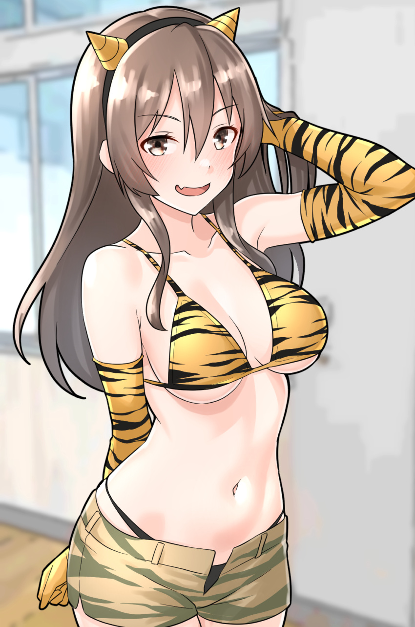 1girl alternate_costume animal_print arm_behind_head arm_up ashigara_(kancolle) bikini black_hairband blurry blurry_background breasts brown_eyes brown_hair camouflage camouflage_shorts elbow_gloves fake_horns fang furaggu_(frag_0416) gloves hairband highres horns kantai_collection long_hair medium_breasts navel open_mouth print_bikini print_gloves short_shorts shorts skin_fang solo standing swimsuit tiger_print wavy_hair