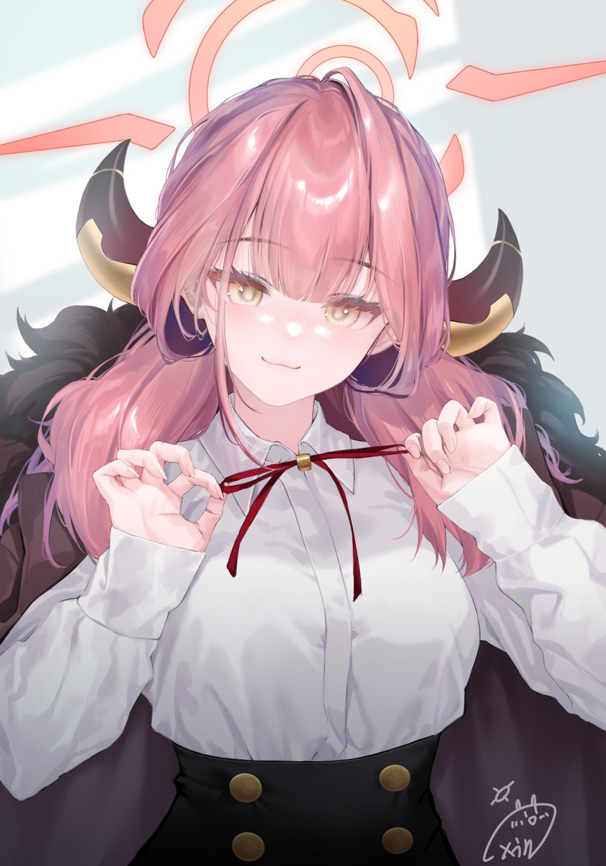 1girl :3 adjusting_neck_ribbon aru_(blue_archive) black_skirt blue_archive breasts brown_coat brown_horns closed_mouth coat collared_shirt commentary fingernails fur_coat hair_between_eyes halo highres horns indoors large_breasts long_hair long_sleeves looking_at_viewer obiwan pink_hair pink_halo red_ribbon ribbon shirt signature skirt sleeves_past_wrists smile solo underbust white_shirt yellow_eyes