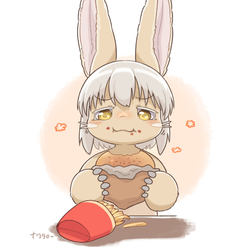 1:1 2022 ambiguous_gender anthro blush brown_body brown_fur burger crumbs eating eating_burger food fries fur furniture grey_hair hair half-closed_eyes hi_res holding_burger holding_food holding_object horizontal_pupils kemono lagomorph made_in_abyss mammal multicolored_body multicolored_fur nanachi narehate narrowed_eyes nawa pupils signature simple_background solo table tan_body tan_fur two_tone_body two_tone_fur whiskers yellow_eyes