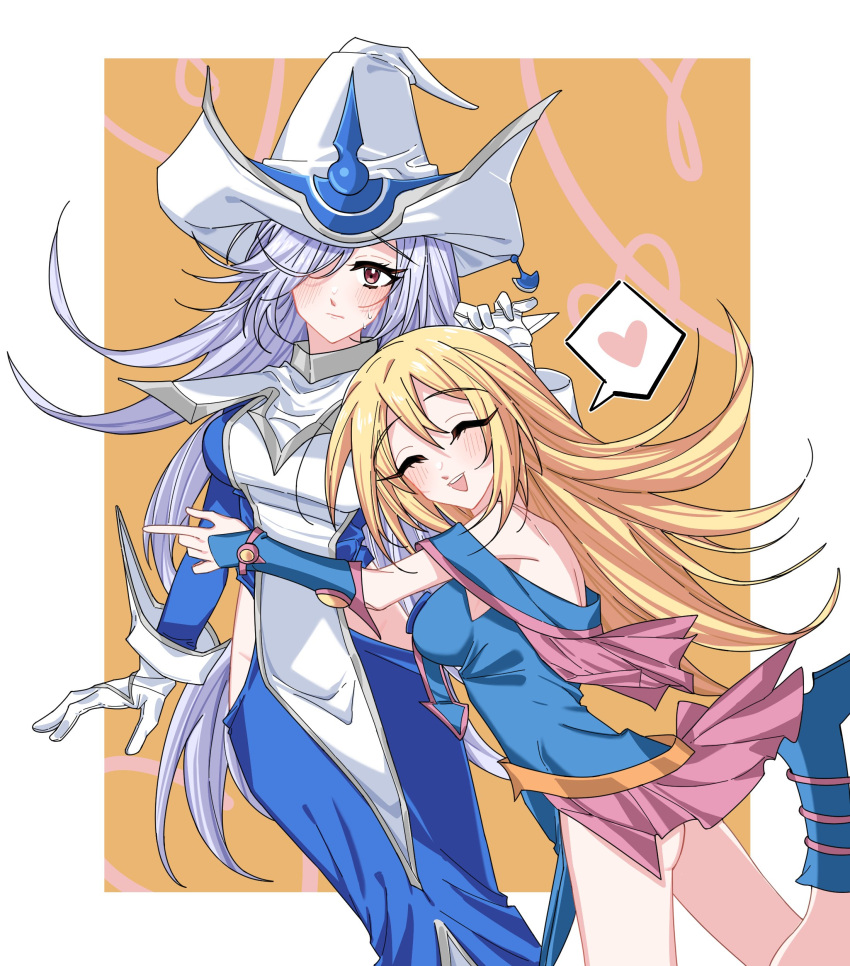 2girls absurdres bare_shoulders blonde_hair blue_footwear blush boots breasts couple dark_magician_girl dress duel_monster gloves grey_hair hair_between_eyes hat highres hip_vent holding large_breasts long_hair looking_at_viewer multiple_girls open_mouth rabbit4037 red_eyes silent_magician smile surcoat white_gloves white_hair witch_hat wizard_hat yu-gi-oh! yuri