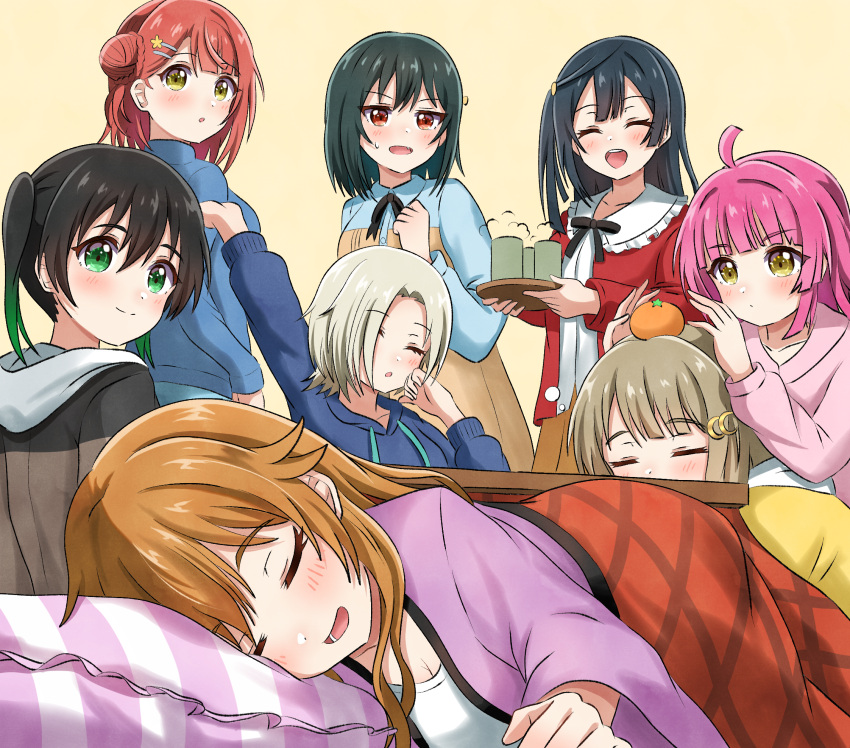 6+girls :o ahoge black_hair black_hoodie black_ribbon blonde_hair blue_hoodie blue_jacket blush brown_dress brown_hoodie closed_eyes closed_mouth collarbone crescent crescent_hair_ornament cup dress fang food food_on_head fruit gradient_hair green_eyes green_hair grey_hair hair_between_eyes hair_bun hair_ornament hairclip highres holding holding_tray hood hood_down hoodie jacket kata_popura konoe_kanata kotatsu long_hair long_sleeves love_live! love_live!_nijigasaki_high_school_idol_club mandarin_orange medium_hair mia_taylor mifune_shioriko multicolored_clothes multicolored_hair multicolored_hoodie multiple_girls nakasu_kasumi object_on_head one_side_up open_mouth orange_hair parted_bangs pillow pink_hair pink_hoodie red_eyes red_hair red_jacket ribbon shirt short_hair single_side_bun sleeping swept_bangs table takasaki_yuu teeth tennouji_rina tray twintails uehara_ayumu under_kotatsu under_table upper_body upper_teeth_only white_shirt yellow_background yellow_eyes yellow_jacket yunomi yuuki_setsuna_(love_live!)