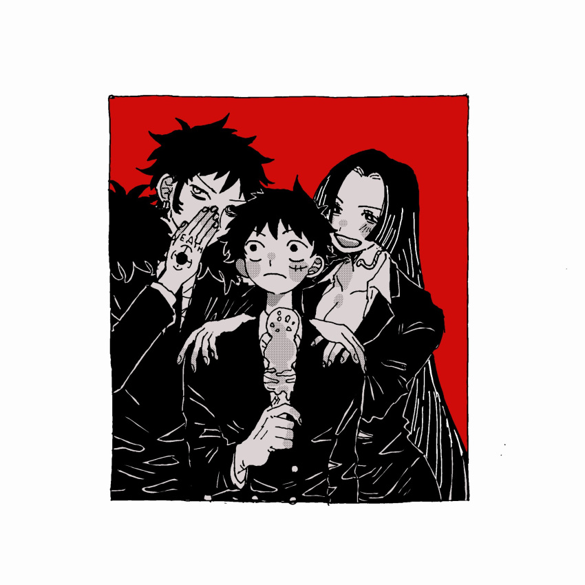 1girl 2boys :d blush_stickers boa_hancock border breasts buttons cleavage closed_mouth earrings food formal hand_on_another's_shoulder hand_tattoo highres holding_ice_cream_cone ice_cream jacket jewelry long_hair long_sleeves looking_at_another maeda_(crast_1) monkey_d._luffy multiple_boys necktie one_piece red_background scar scar_on_cheek scar_on_face shirt short_hair smile snake_earrings tattoo trafalgar_law very_long_hair whispering whispering_in_ear white_border