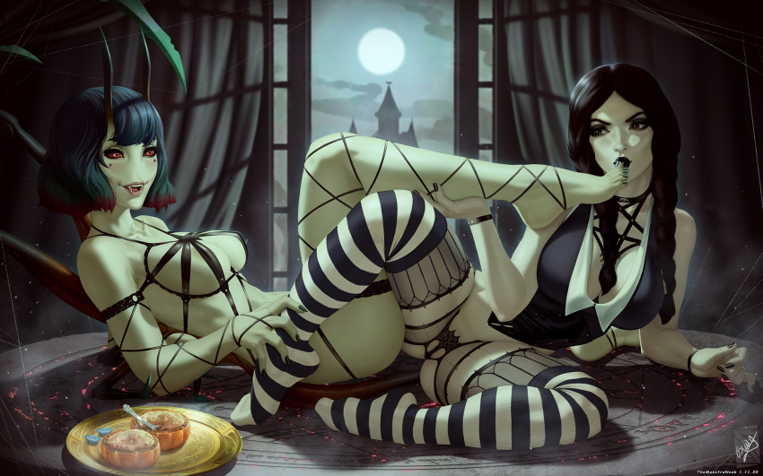 2girls :d addams_family alternate_breast_size arthropod_girl bare_shoulders black_eyes black_hair black_nails black_panties black_shirt black_thighhighs braid breasts castle character_request colored_skin fangs fingernails food from_side green_skin highres indoors large_breasts licking licking_foot long_hair moon multiple_girls no_nose no_shoes panties see-through see-through_legwear sharp_fingernails shirt short_hair sideways_glance signature smile spider_girl striped_clothes striped_thighhighs themaestronoob thighhighs twin_braids twintails underwear wednesday_(netflix) wednesday_addams window yuri