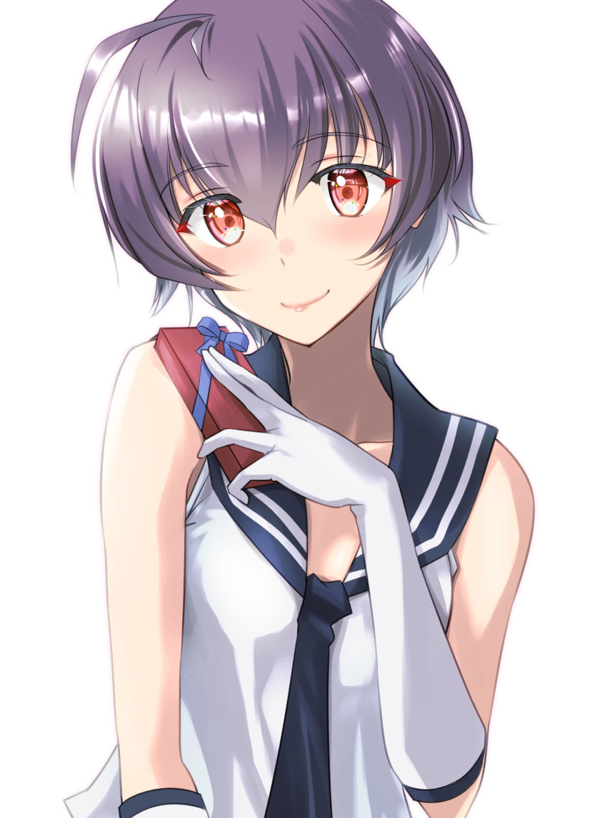 1girl ahoge black_necktie black_sailor_collar gloves grey_hair highres kantai_collection looking_at_viewer necktie one-hour_drawing_challenge red_eyes sailor_collar sailor_shirt sakawa_(kancolle) school_uniform serafuku shirt simple_background sleeveless sleeveless_shirt solo tsukasa_(tukasa_br) upper_body white_background white_gloves white_shirt