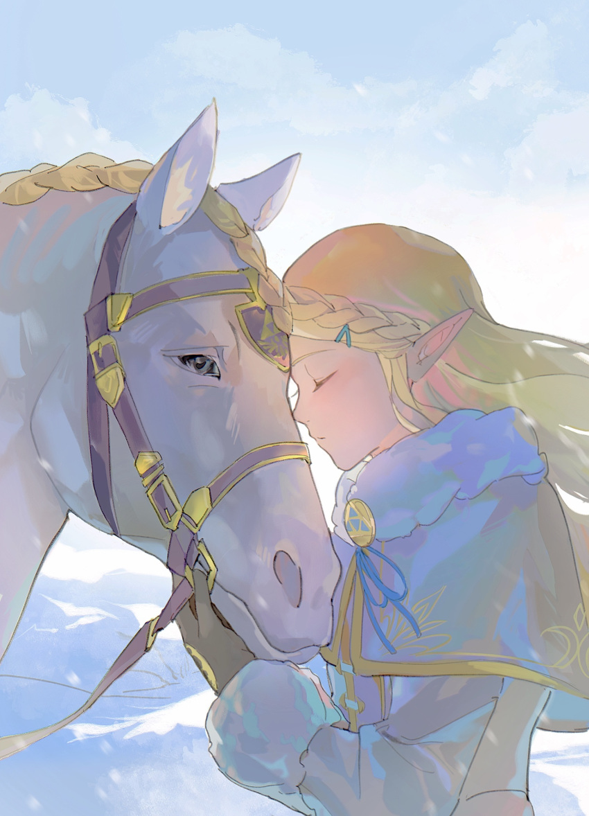 1girl blonde_hair braid bridle capelet closed_eyes closed_mouth cloud cloudy_sky crown_braid forehead-to-forehead from_side fur_trim hair_ornament hairclip heads_together highres jacket jiaocha_0219 long_hair pointy_ears princess_zelda sky snow solo the_legend_of_zelda the_legend_of_zelda:_breath_of_the_wild white_capelet white_horse white_jacket