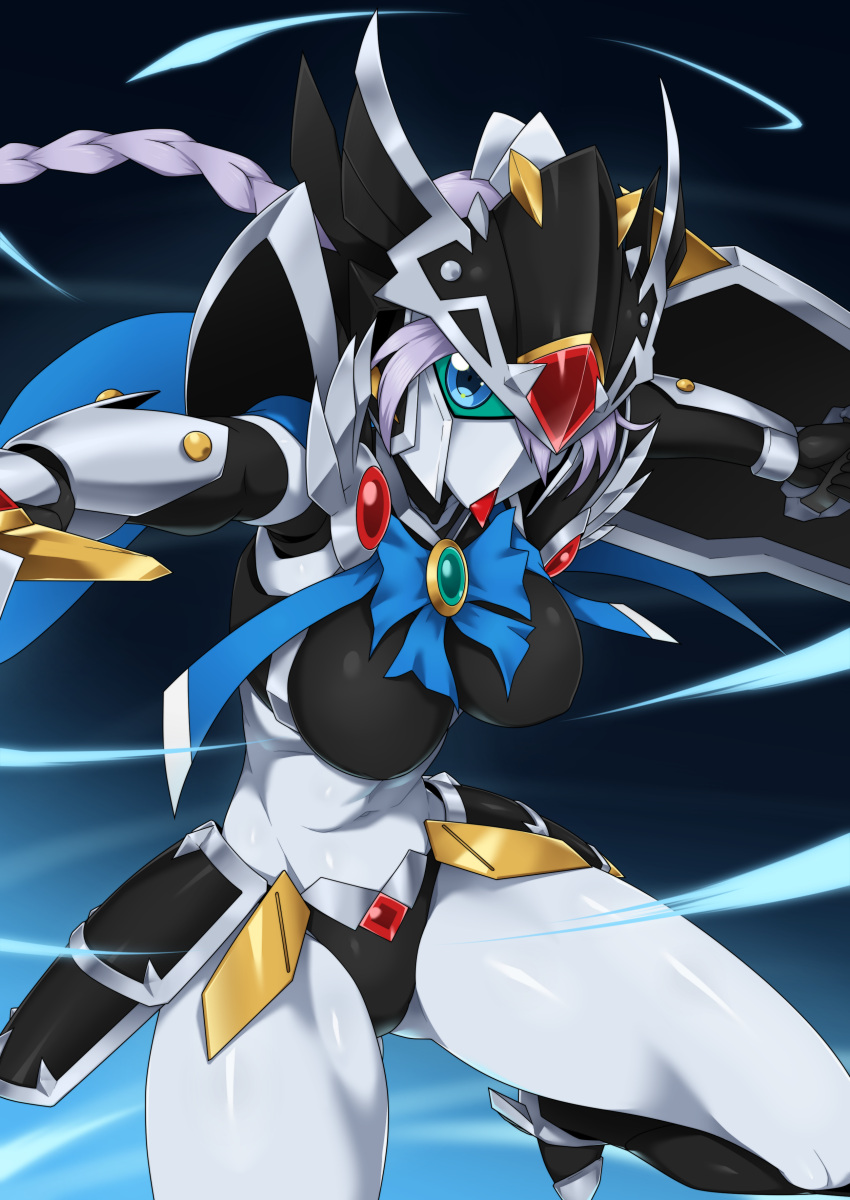 absurd_res android armor big_breasts black_armor blue_cape blue_eyes braided_hair breasts cape clothed clothing digital_media_(artwork) female green_sclera gundam hair hi_res holding_object holding_shield holding_sword holding_weapon humanoid long_hair machine melee_weapon navel new_testament_sd_gundam_gaiden not_furry robot robot_humanoid sd_gundam shield silver_(metal) silver_armor silver_hair single_braid solo sword valkyrie_gundam_hazel weapon white_body white_skin yuuyatails